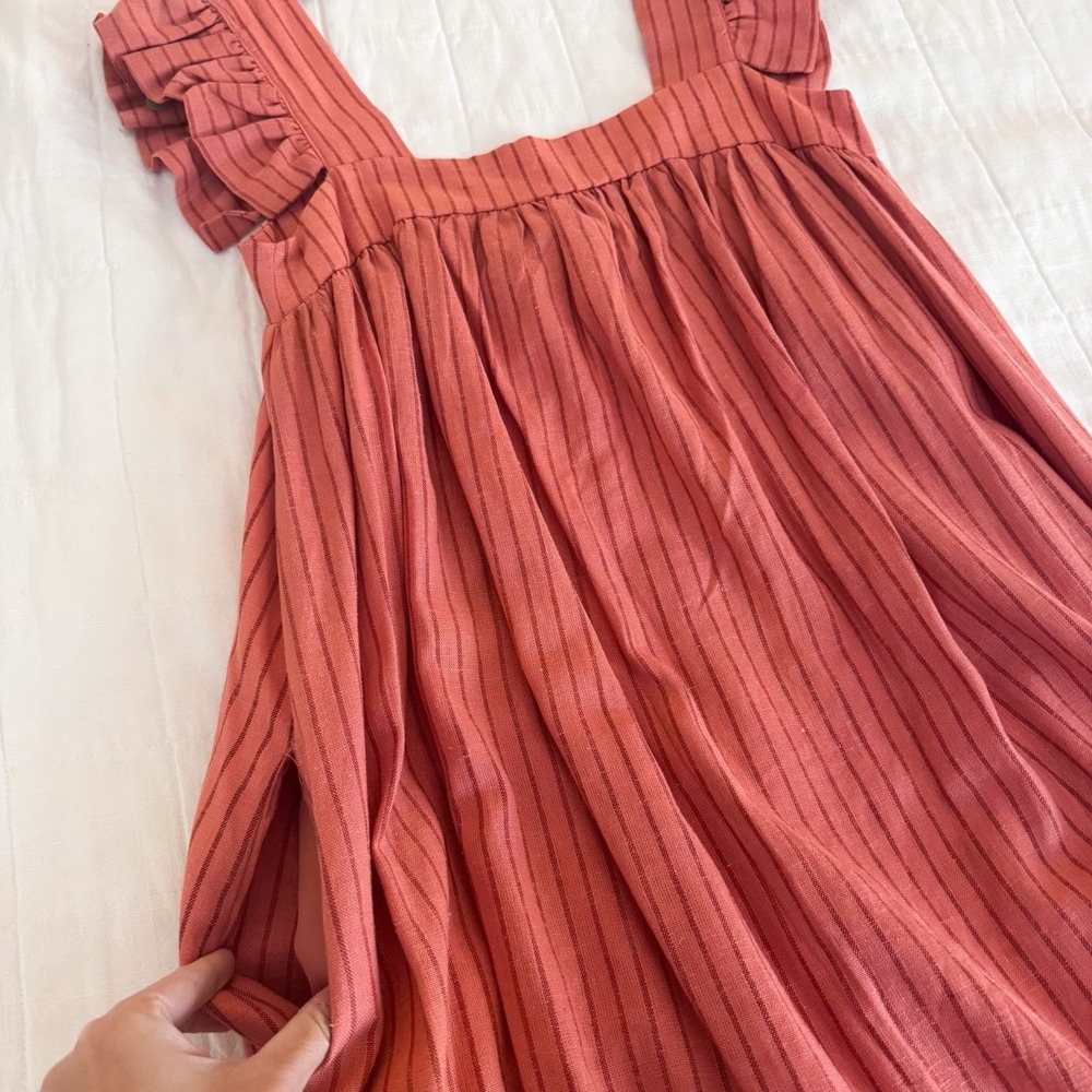 A New Day Linen Dress XS Red Orange Stripe Maxi Flutter Sleeve Bump Friendly - Picture 9 of 9